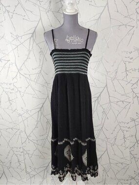 Room 34 Black White Embroidered Strappy Smocked Long Dress